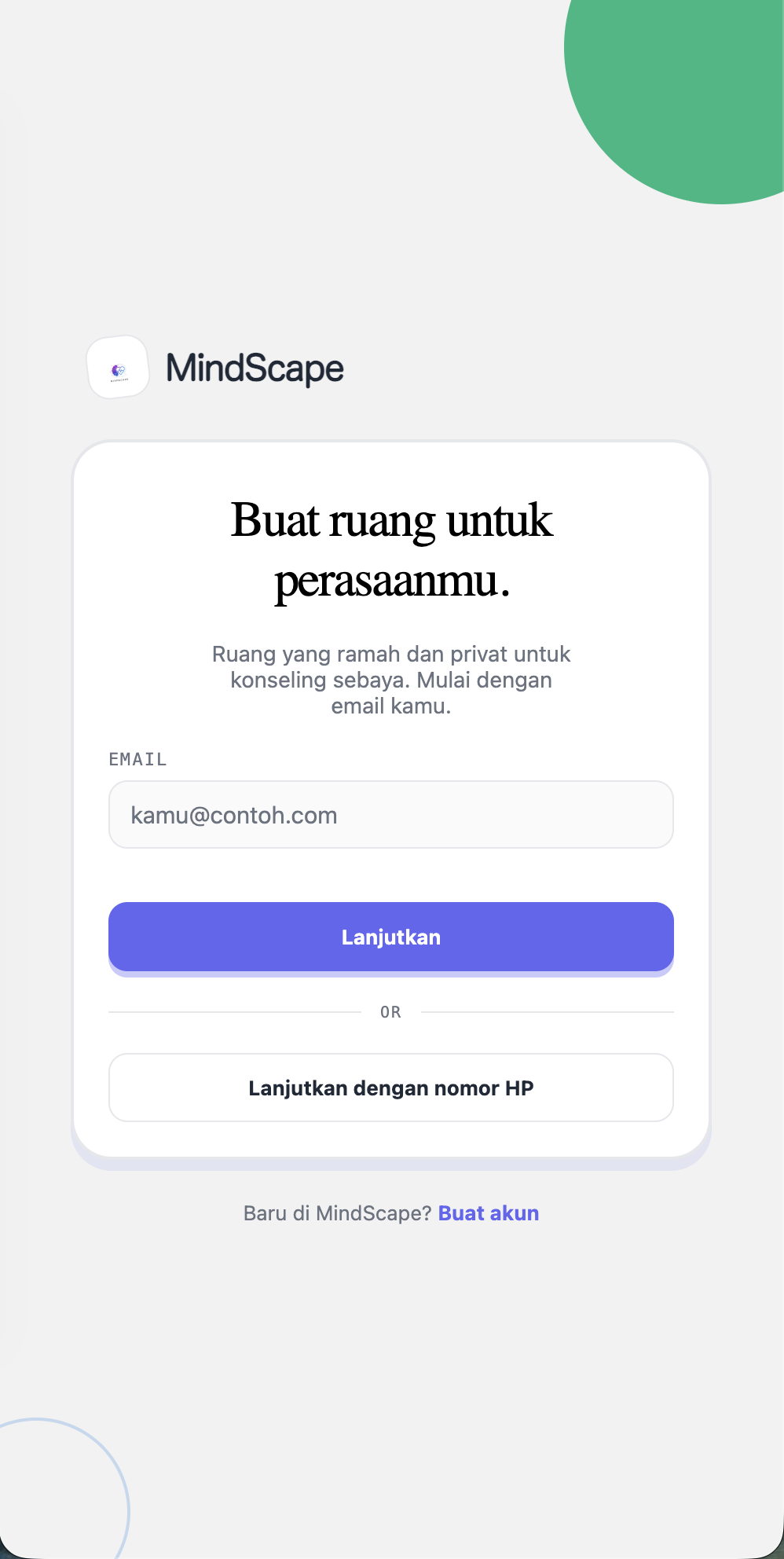 Tampilan login MindScape