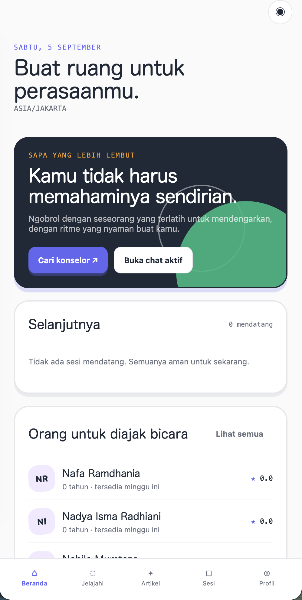 Menu Jelajahi dengan daftar konselor