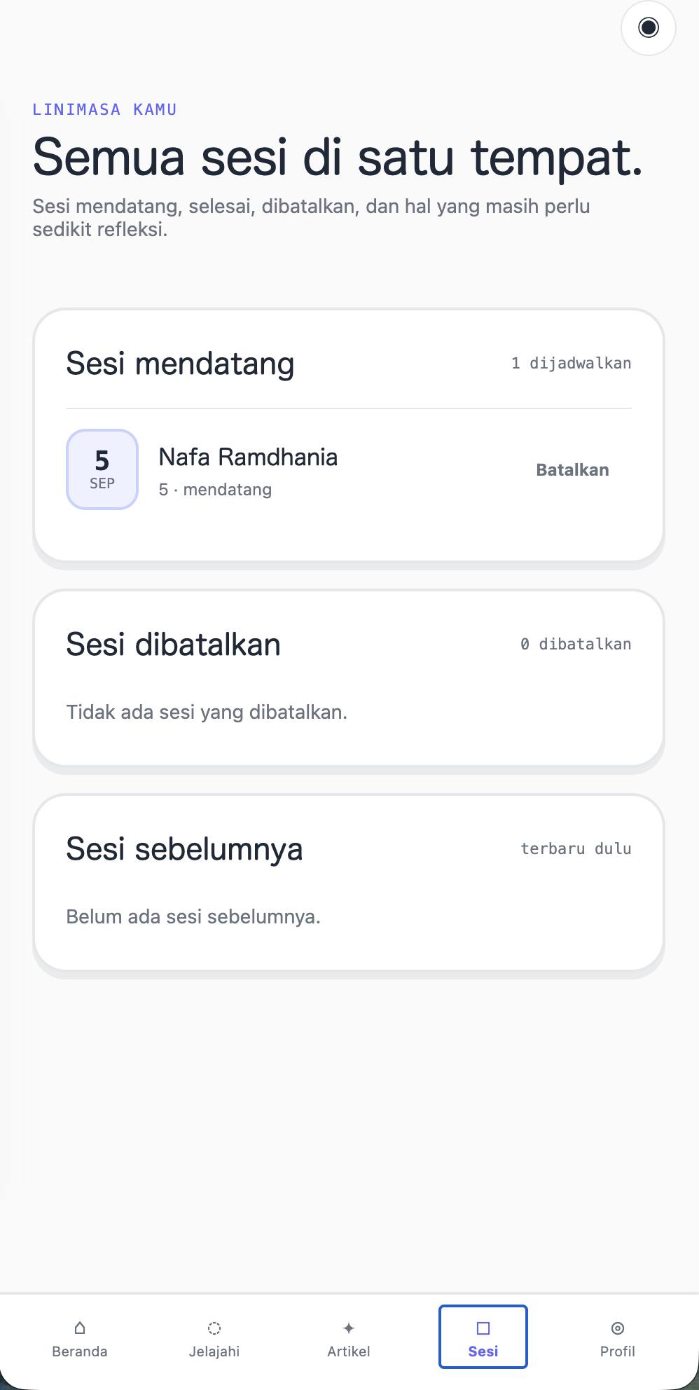 Tampilan menu Sesi MindScape